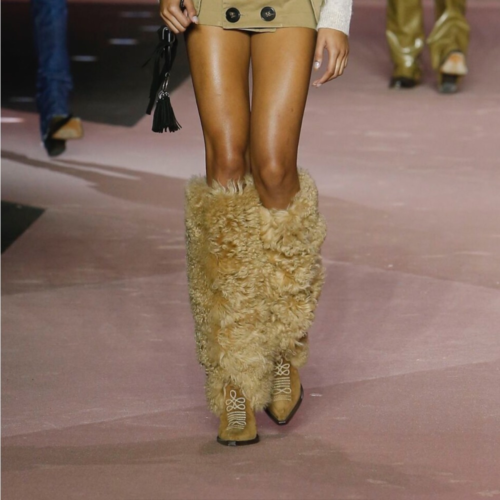 Dsquared Lamb Fur Shearling 2020 Runway Knee High Tall Western Boots 38